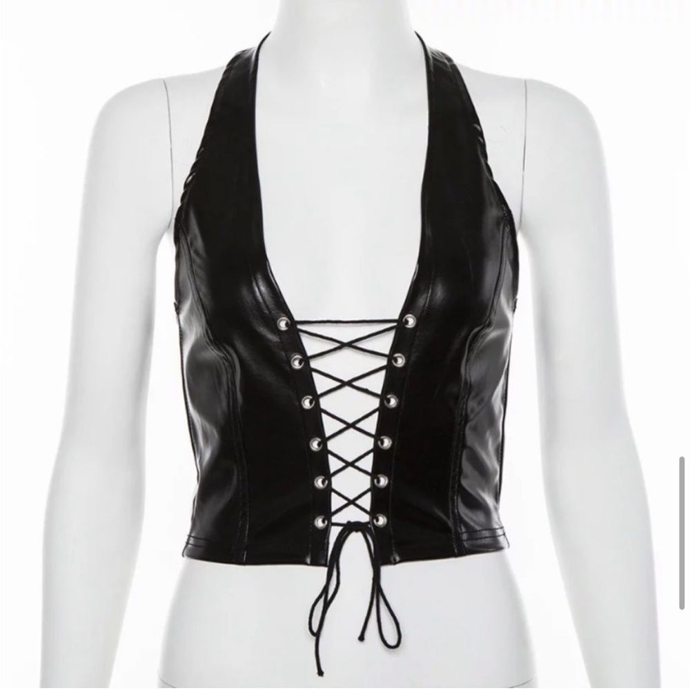 Pleather lace up halter